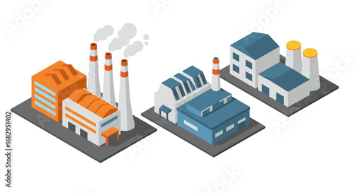 Isometric factory buildings with smokestacks and industrial chimneys