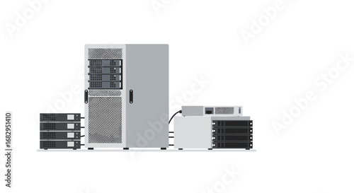 Modern data center equipment with servers and network storage solutions