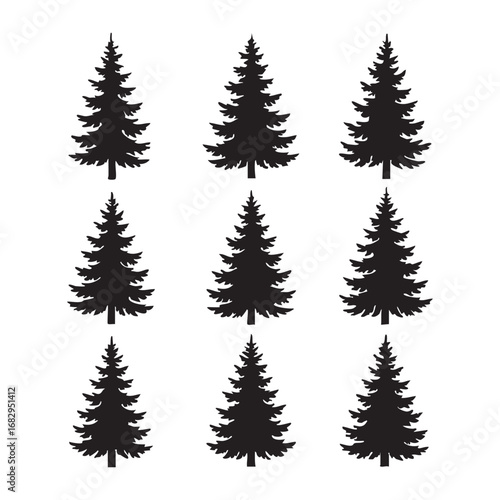 Pack of 9 conifer tree silhouettes, layered pine styles, black vector on white.