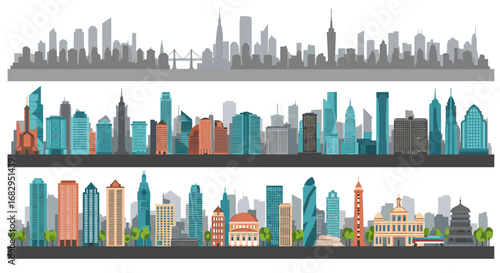 Urban skyscrapers in modern cityscape silhouettes