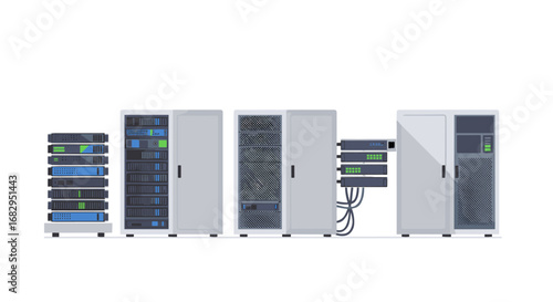 Modern data center equipment with network servers in a minimalist flat design