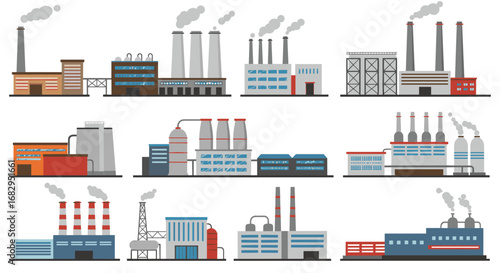 Industrial factory icons collection: flat design energy and manufacturing plants