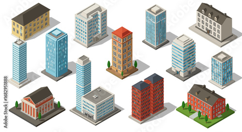 Collection of isometric buildings: diverse urban architecture designs