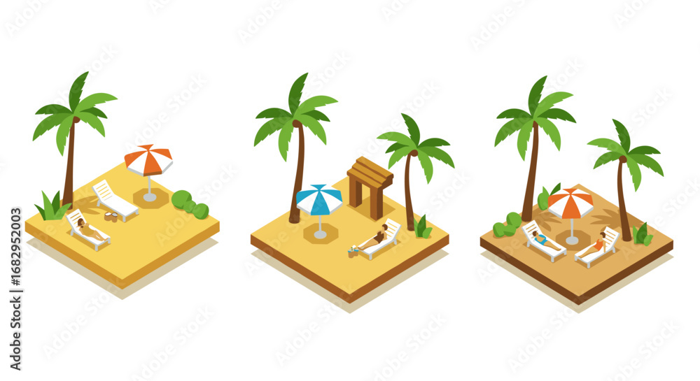 Obraz premium Isometric beach paradise with umbrellas and palm trees in relaxing sunshine