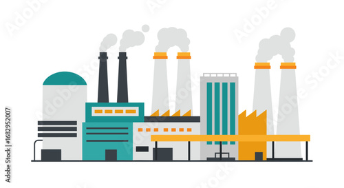 Flat design industrial facility with smokestacks and factories emitting smoke