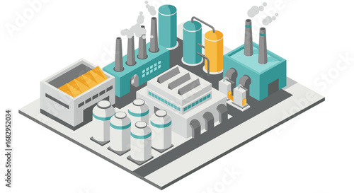 Isometric industrial complex with factories and smokestacks in modern design