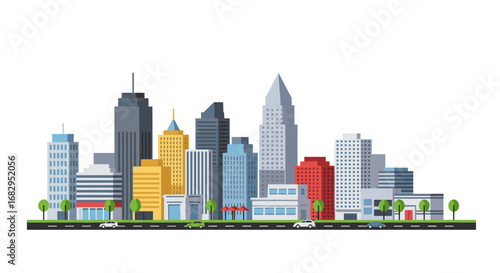 Modern cityscape with diverse buildings in flat style