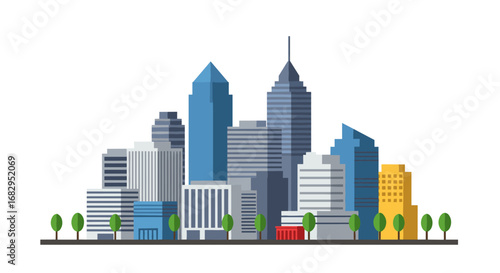 Modern urban cityscape with geometric skyscrapers and greenery in flat style
