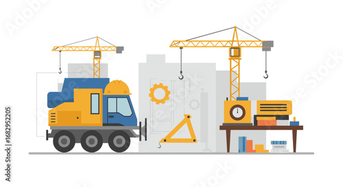 Construction site with cranes and machinery in flat design for urban development
