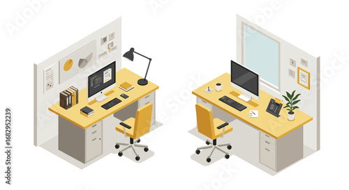 Isometric office desks with computers and decor in modern workspace setup