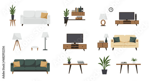 Modern living room furniture collection featuring sofas, tables, and decor elements