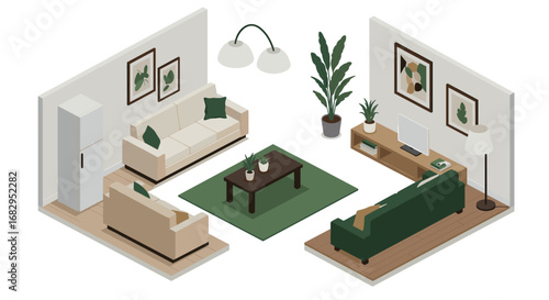 Modern isometric living room interior with minimalist furniture and green accents