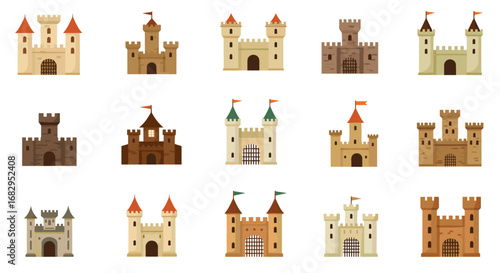 Medieval castles collection set in flat design with various architectural styles and colorful turrets