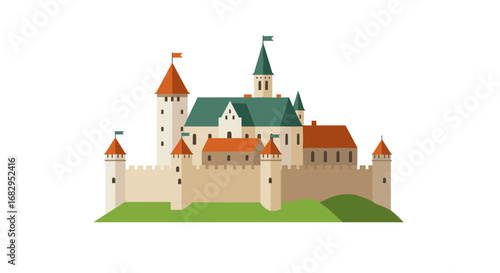 Medieval fortress with colorful towers on green hill