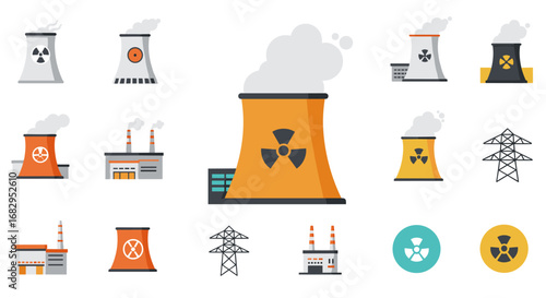 Flat icons of nuclear power plants and cooling towers with radiation symbols