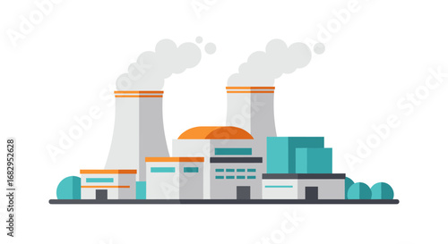 Modern industrial plant with cooling towers and smoke in minimalistic design