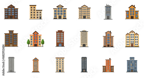 Diverse architectural urban buildings in flat design