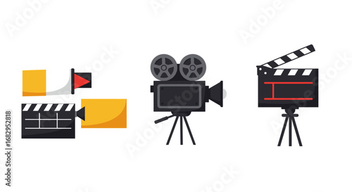 Retro cinematic equipment: film projector and clapperboards with modern touch