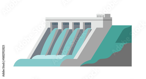 Hydroelectric dam with flowing water in modern flat design