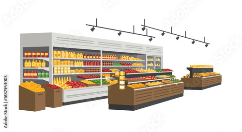 Modern grocery store aisle with fresh produce and packaged goods on display