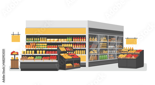 Modern grocery store interior display with fresh produce and products