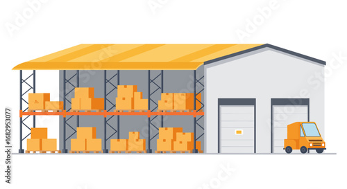 Warehouse with yellow roof and forklift