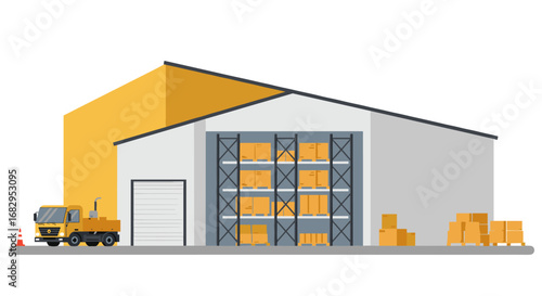 Modern warehouse with delivery truck and stacked boxes in flat style
