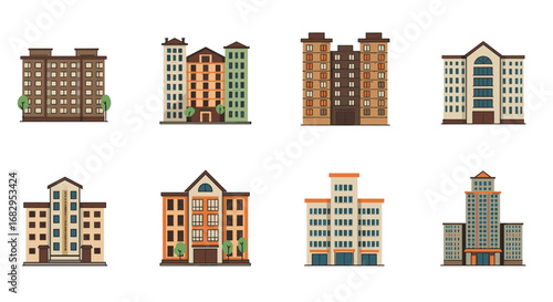 Collection of flat urban buildings in various architectural styles