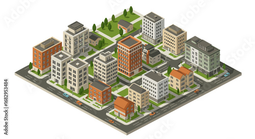 Isometric cityscape with modern buildings and streets