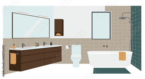 Modern bathroom interior with double vanity and freestanding tub in minimalist style