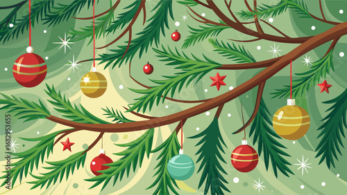 Vector art of a festive christmas tree branch adorned with ornaments and stars, creating a joyful holiday atmosphere for the new year celebration