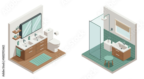 Modern isometric bathroom designs featuring double vanity and walk-in shower