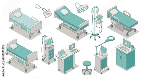 Isometric hospital equipment set featuring beds and medical devices