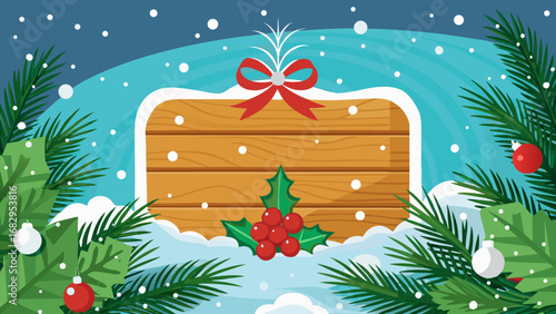 Vector art of a wooden sign with christmas decoration, snow and fir branches for winter holiday season and new year celebration with merry christmas mood