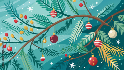 Vector art of a festive christmas scene featuring a decorated pine branch with ornaments and berries, creating a cheerful and seasonal atmosphere for holiday celebrations