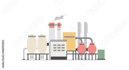 Flat industrial factory with smokestack and machinery