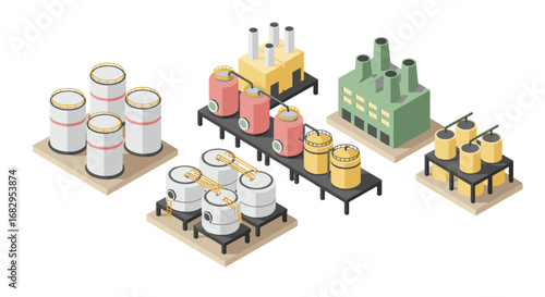 Isometric industrial factory elements with tanks and pipes