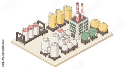 Isometric factory with tanks and chimneys in industrial setting