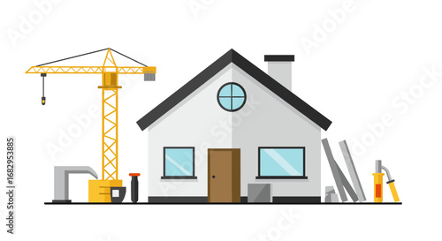 Modern home construction scene with house and crane