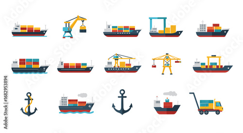 Flat cargo ships and maritime equipment icons for shipping and logistics