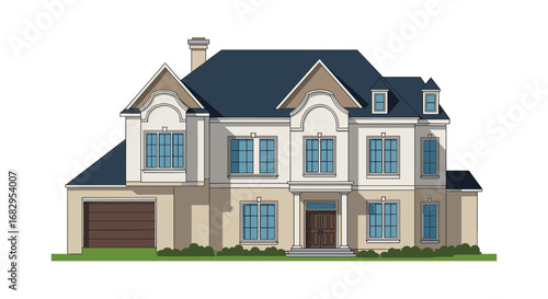 Elegant two-story house with blue roof and garage