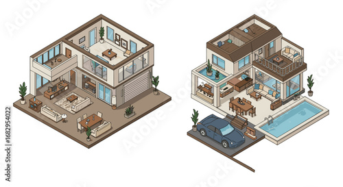 Isometric modern house design with detailed interior and pool view