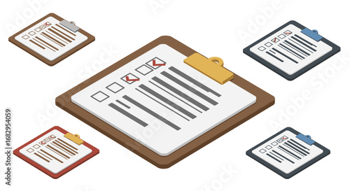 Isometric clipboards with checklist icons and colorful clips
