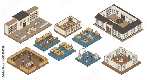 Isometric school building interior set with classrooms and library