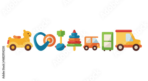 Colorful toy icons collection featuring cars, trains, and stacking rings
