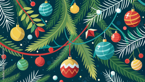 Vector art of festive christmas background with ornaments and fir branches for holiday season celebrations and new year greetings card design around 135 characters