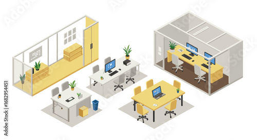 Isometric modern office spaces with desks and computers in open and closed settings