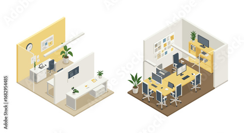 Modern isometric office workspace with minimalist design and collaborative areas