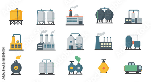 Industrial icon set: flat style factory and manufacturing equipment designs