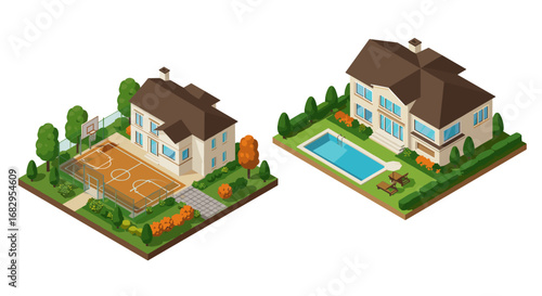 Isometric suburban homes with basketball court and pool in autumn setting